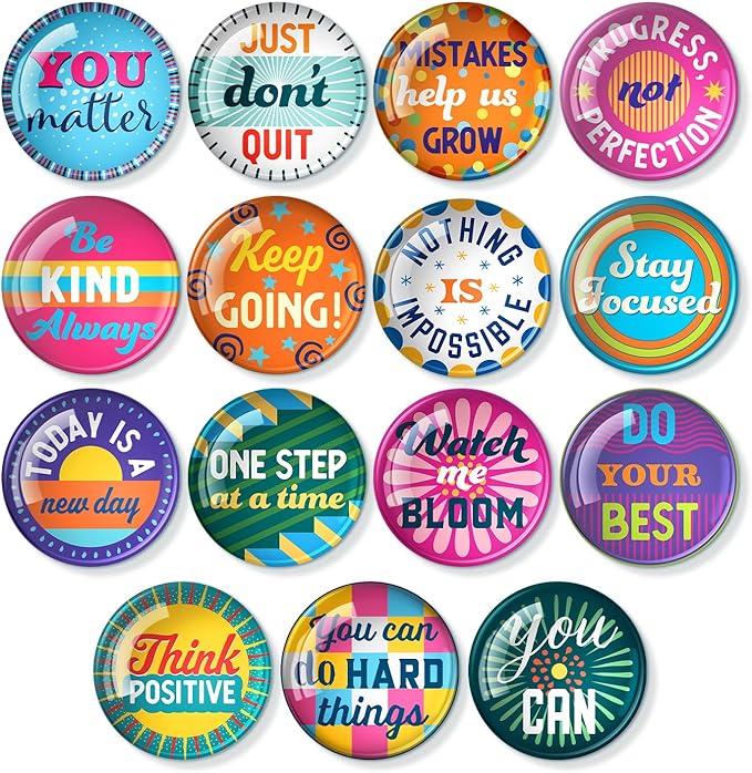 S&O Set of 15 Inspirational Magnets for Fridge - 1.5" Decorative Pins for Refrigerator - Cute Clips for Office - Motivational Buttons - Affirmation Emblems - Locker Charms for Boys & Girls