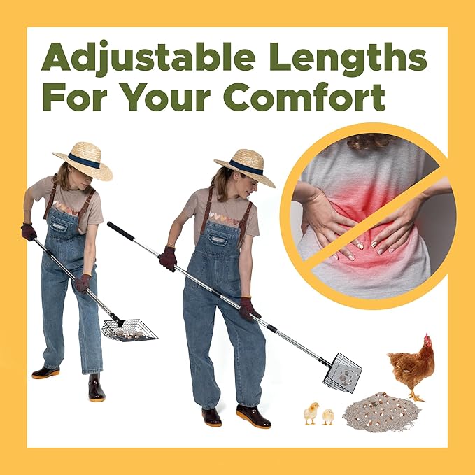 ¼" Slotted Chicken Poop Scooper for Sand - Fine Sifter & Durable Chicken Coop Scoop - Sifting Shovel; Coop Pooper Scooper, Metal Sand Sifter Shovel for Poultry Run, Poultry Litter Tools; Poop Scoop