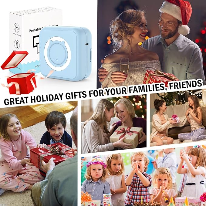 Mini Blue-Tooth Printer, Wireless Sticker Printer with 10 Rolls Paper for iPhone/Android