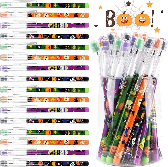Kolewo4ever 48 Pieces Halloween Pencils Translucent Pencil Pop Up Stackable Plastic Pencils Multipoint Non Sharpening Pencil for Halloween Supplies