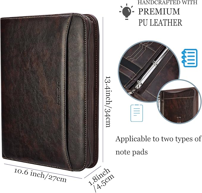 IVESIGN Zippered Padfolio Binder, Faux Leather Organizer with 3-Ring Binder, Left-Handed Design, Business Card Slots & Document Folders - Professional Padfolio for Office (Dark Brown)