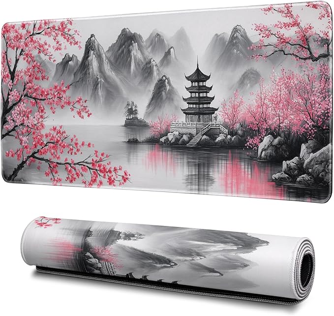 Retro Cherry Blossom Mouse Pad Abstract Big Mouse Pad 31.5x11.8 Inch Retro Texture Non-Slip Rubber Base Large Mousepad Stitched Edges Keyboard Mouse Mat Desk Pad for Office and Home