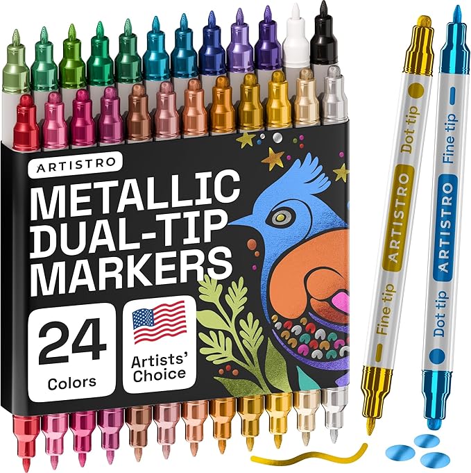 ARTISTRO 24 Metallic Dual-Tip Acrylic Paint Markers for Rock, Canvas, Glass, Wood, & More Fine + Dot Tips
