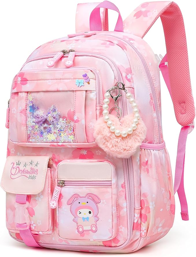 Lovely Girls Backpack School Bag for Students Kids Book Bag with Multiple Pockets Splash-proof Children's Backpack(17inch Pink)