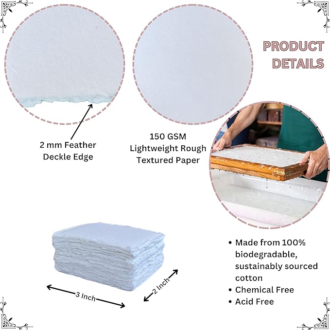 Handmade Cotton Paper with Deckle Edge Recycled Cotton Rag Mixed Media Card Stock for Placecard/Escort Cards, Place Cards, Vow Cards, Business Card (2x3 inch A8, 150gsm, 50 Pack)