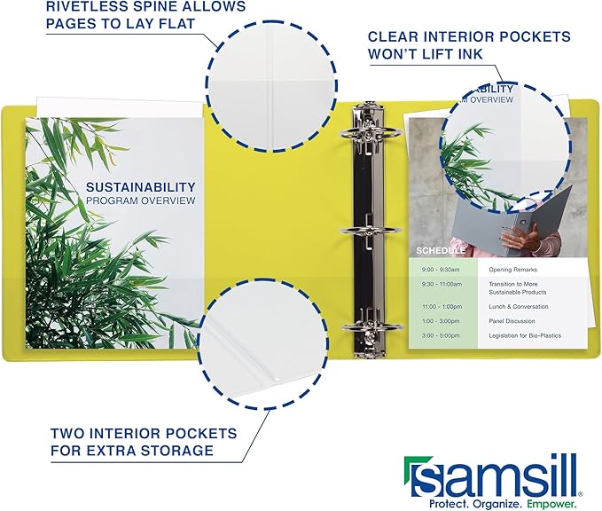 Samsill Durable 1.5 Inch Binder, Made in The USA, D Ring Binder, Customizable Clear View Cover, Lemon Yellow, Holds 350 Pages