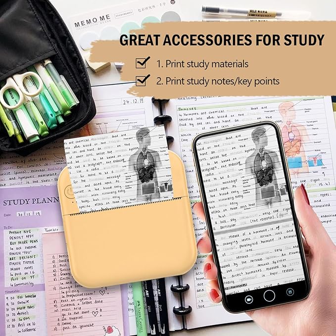 Mini Photo Printer - Portable Pocket Sticker Printers for iPhone Thermal Printer with 10 Rolls Thermal Paper for Photo, Memo, Journal - Yellow