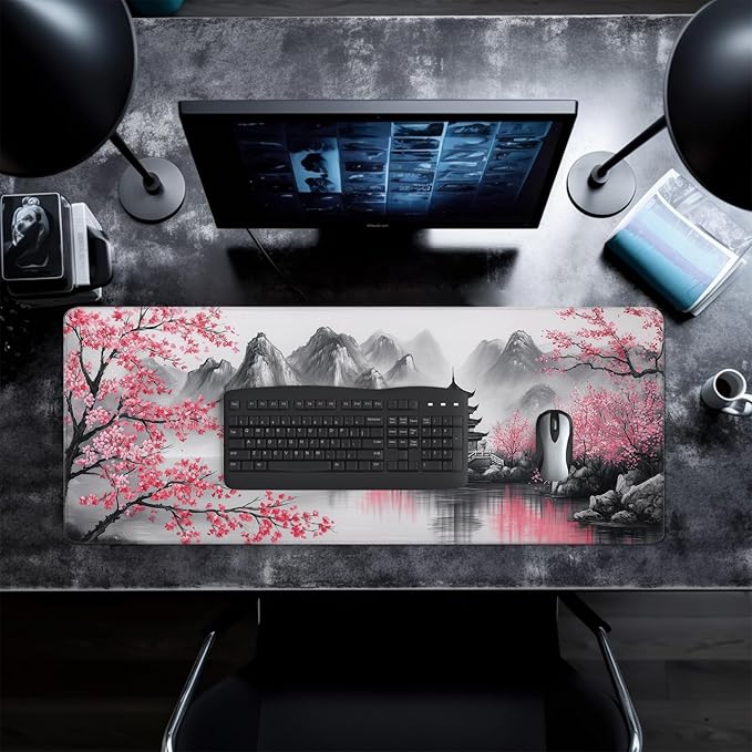 Retro Cherry Blossom Mouse Pad Abstract Big Mouse Pad 31.5x11.8 Inch Retro Texture Non-Slip Rubber Base Large Mousepad Stitched Edges Keyboard Mouse Mat Desk Pad for Office and Home