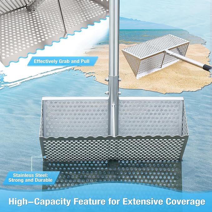 Sand Flea Rake, Long Handle Sand Sifter for The Beach, Stainless Steel Shark Tooth Sifter Comes with A 16-Inch Wide Mesh Screen for Collecting Fleas, Shark Teeth, and Seashells