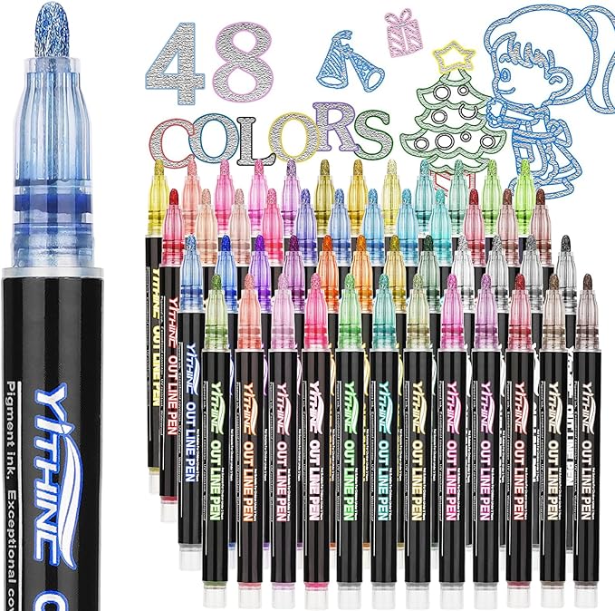 Outline Shimmer Markers, 48 Glitter Metallic Gel Pens for Tween Teen Girl Gifts Trendy Stuff, Halloween, Birthday Party, Cool Fun Art Crafts Supplies, Stocking Stuffers for Kids Girls Ages 8 10 12 14