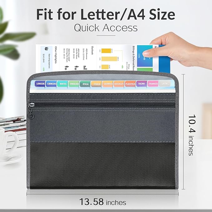 Sooez Accordion File Organizer with Safe Zipper, 12 Pocket Expanding File Folder with Front Pencil Pouch, Portable Monthly Paper Bill Tax Receipt Organizer, School Office Supplies, Letter Size, Grey