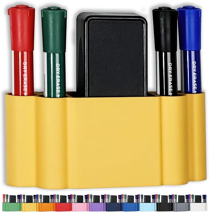Glassboard Studio Magnetic Dry Erase Marker Holder - Super Strong for Magnetic Glass Whiteboard or Fridge - 2 Large Neodymium Magnets - No Slip Grip - Eco-Friendly PLA Plastic (Sunshine Yellow)