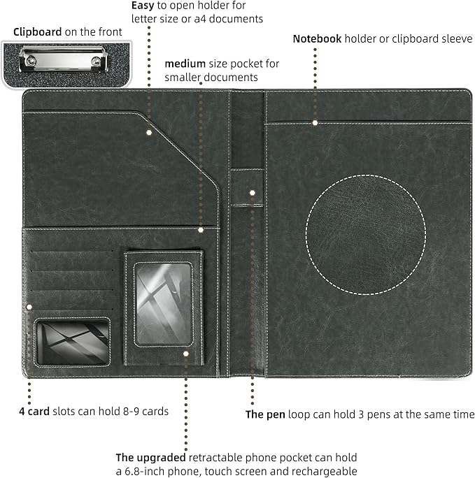 Leather Padfolio with Clipboard Folio Folder Padfolios for Women Black Sparkle Binder with Notepad