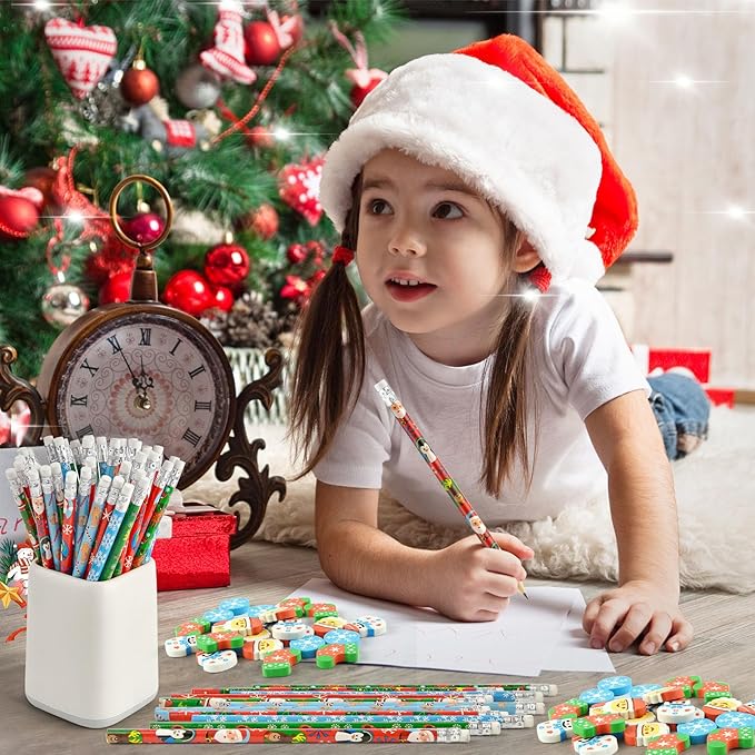 24 Pieces 3D Christmas Erasers and 24 Pieces Carton Christmas Pencils for Winter Holiday Day Cute Pencils for Christmas Goodie Bags Fillers Gifts School Classroom Rewards Supplies (Chritsmas Day)
