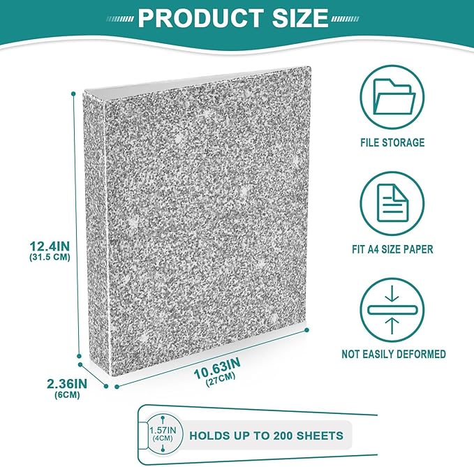 Bright Silver Glitter Decorative 3 Ring Binder 1.5 Inch Large View Binders with Pockets Holds 200 A4 Sheets File Organizer for Office College School, 1 Pack