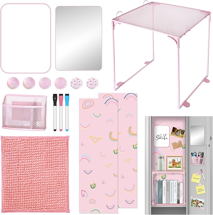 16 Pcs Pink Locker Accessories for Girls, Locker Organizer & Decorations with Shelf, Rug, Magnetic Wallpaper, Mirror, Whiteboard, Pen Holder, Markers, Magnets for Back to School Office Gym