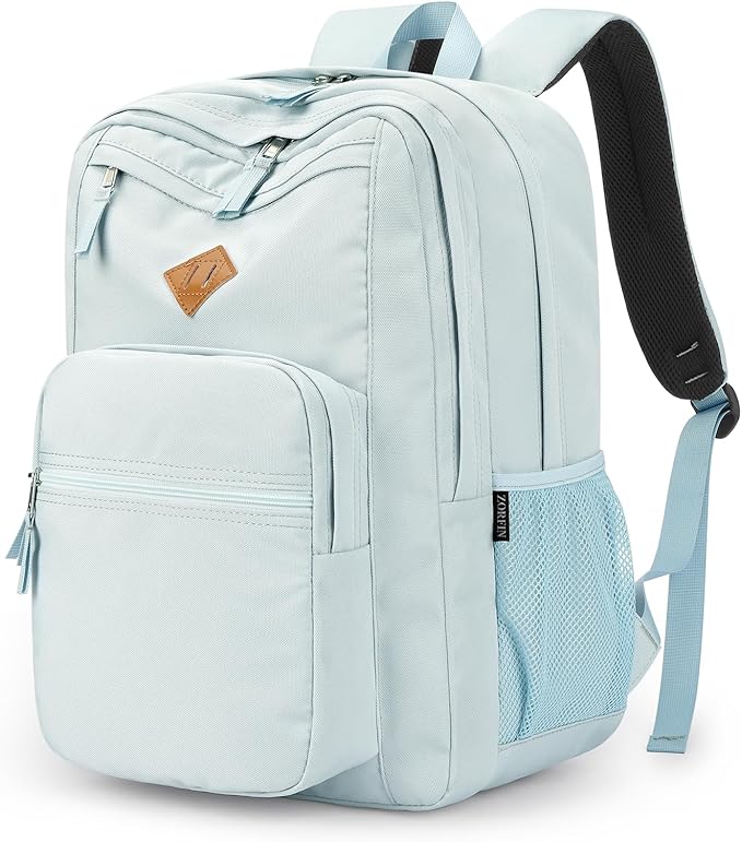 ZORFIN 26L Backpack for School, College, and Travel: Water Resistant Bookbag with 8 Compartments - Light Gray Blue