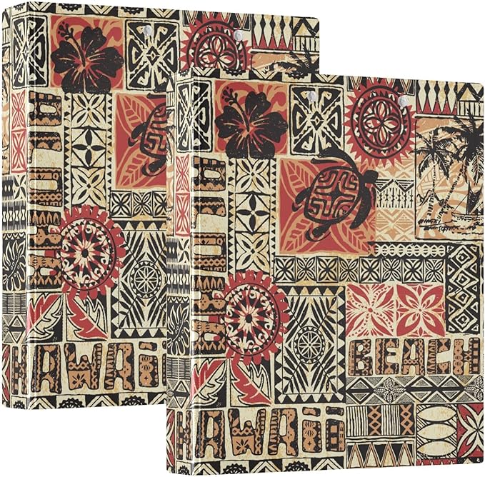 Ethnic Hawaiian Decorative 3 Ring Binder 1.5 Inch Large View Binders with Pockets File Organizer for Office College School, 2 Pack