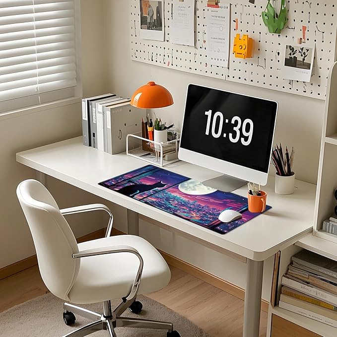 Cool Purple Moom Cat Mouse Pad, City Cats Busy Night Scene Mousead - Large Non-Slip Desk Mat for Office, PC, Laptop - 35.5"x15.7" x 3mm