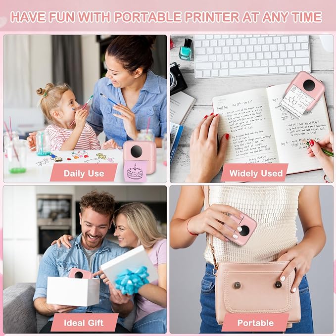 Mini Pocket Bluetooth Printer-Portable Thermal Printer with 5 Roll Papers for Journal/DIY Scrapbook/Travel/Notes/Lists/Label/Memo for Children Women Gifts Kids Christmas iOS&Android