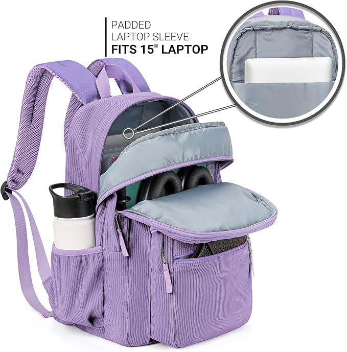 ZORFIN 26L Backpack for School, College, and Travel: Corduroy Bookbag with 8 Compartments - Deep Purple