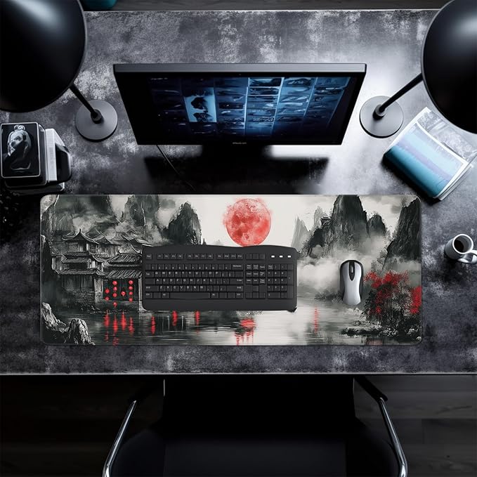 Retro Landscape Mouse Pad Abstract Big Mouse Pad 31.5x11.8 Inch Landscape Texture Non-Slip Rubber Base Large Mousepad Stitched Edges Keyboard Mouse Mat Desk Pad for Office and Home