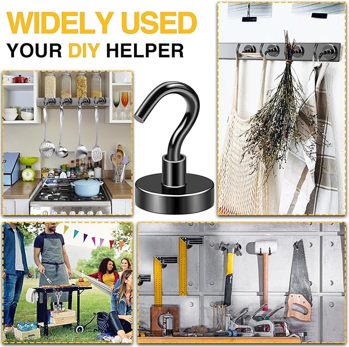 DIYMAG Outdoor Hooks for Hanging String Lights, Balck Magnetic Hooks Strong 80lbs+ Hanging Party Light Wall Cable 2025 Cruise Cabin Ship Essentials Heavy Duty Strong Magnets for Outside Grill 10PCS