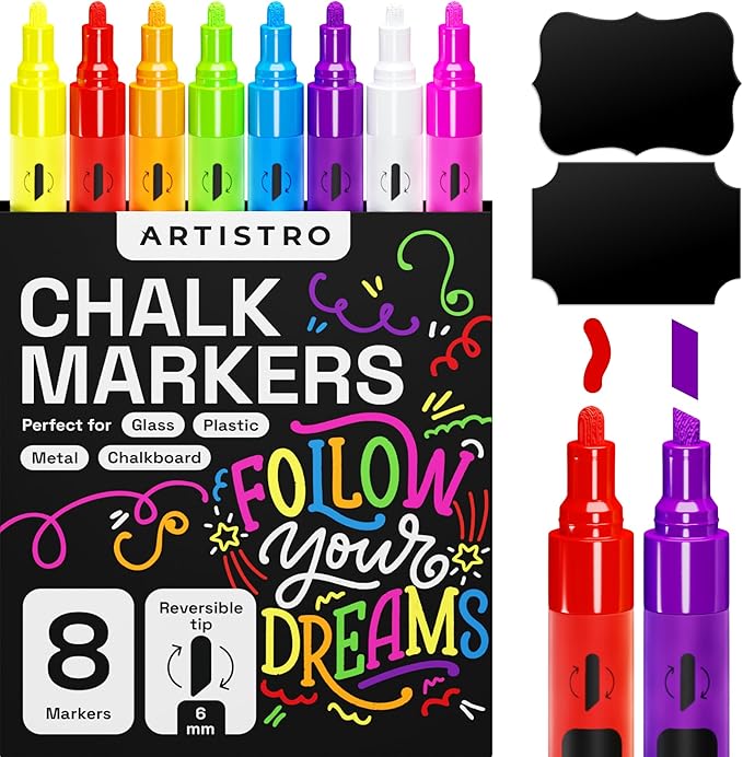 ARTISTRO Liquid Chalk Markers, Erasable, Pre-Activated Medium Tip for Glass or First Day of School Sign, Chalkboard Markers with White Chalk for Kids & Adults (Chisel Tip)