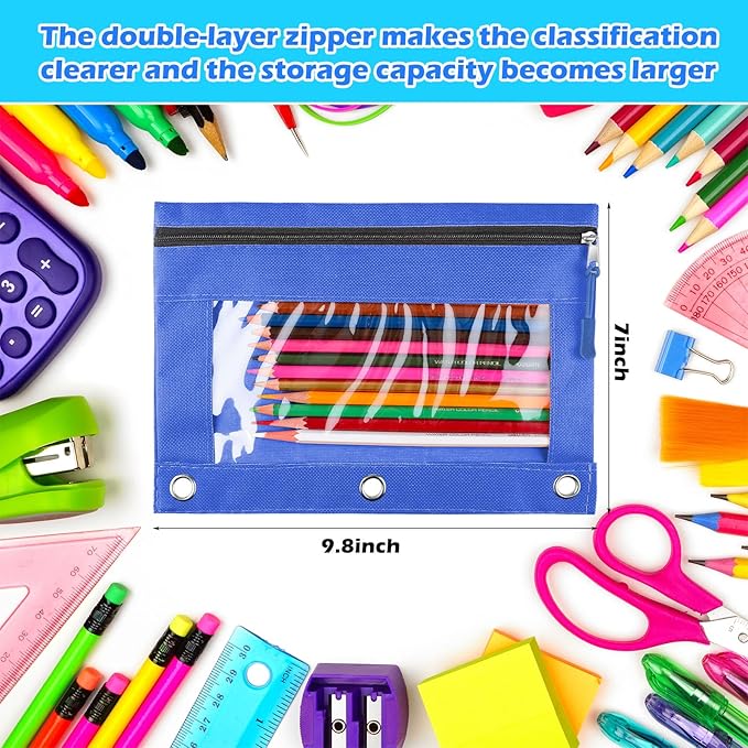 Zhehao 100 Pieces Zipper Binder Pencil Pouches Bulk 3 Ring Binder Pouches Zipper Pouches Case with Window Ring Binder Pencil Bags Case Office School Supplies (8 Colors,Single Layer)