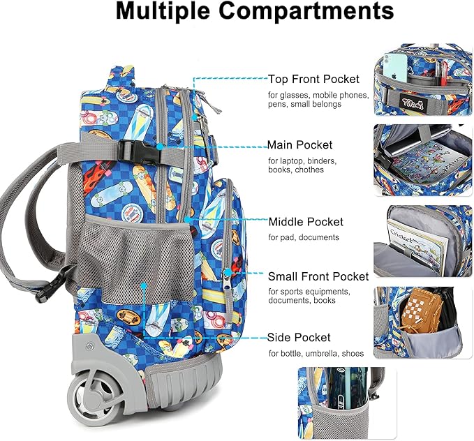 Tilami Rolling Backpack 19 inch with Lunch Bag Wheeled Laptop Backpack, Skateborad