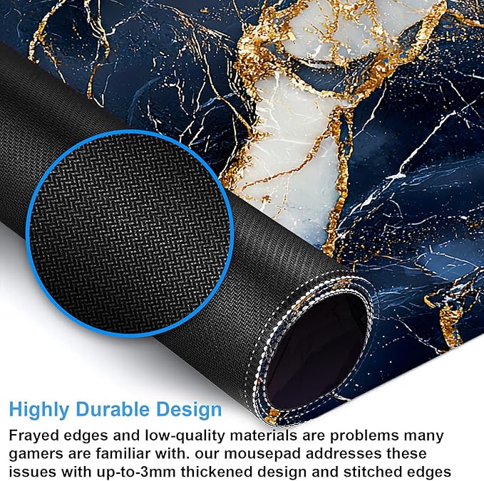 Desk Mat, Navy Blue and White Marble Texture Large Gaming Mouse Pad with Non-Slip Base Stitched Edges,Desk pad for Keyboard and Mouse Home Office 35.4"x15.7"