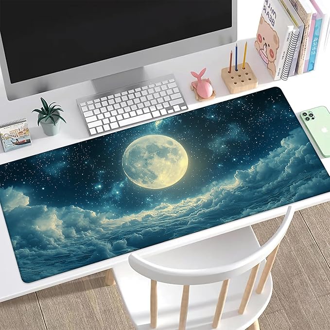 Desk Mat, Moon Floating in Sea Stars Clouds Large Gaming Mouse Pad with Non-Slip Base Stitched Edges,Desk pad for Keyboard and Mouse Home Office 35.4"x15.7"
