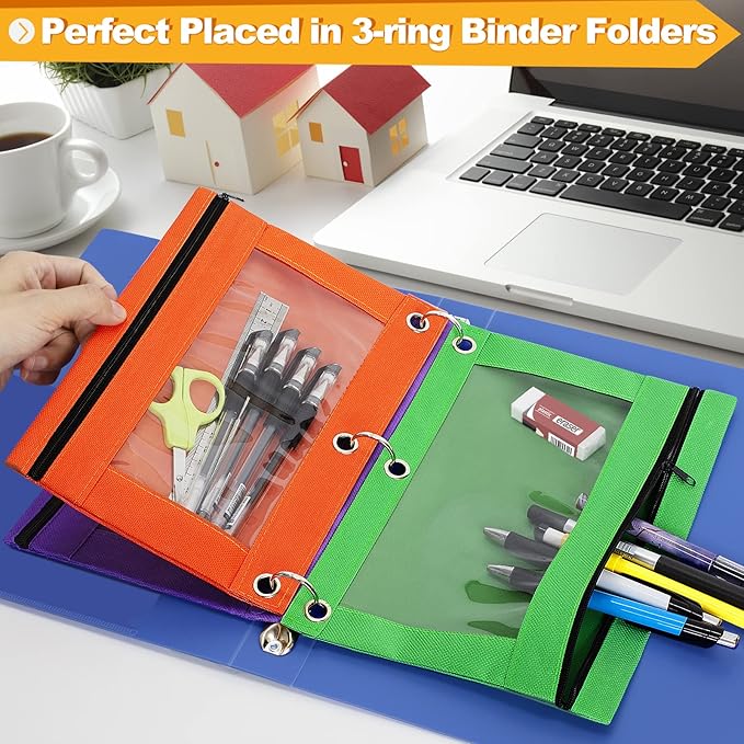 Officygnet 3 Ring Pencil Pouch, 36 Packs Bulk Zipper Pencil Case in 6 Colors, Pencil Pouches with Clear Window for Storing School Office Supplies, Cloth Pencil Bag for 3 Hole Binder