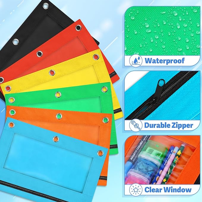 72 PCS Pencil Pouch for 3 Ring Binder, Zipper Pencil Pouch in 6 Colors, Durable 3 Ring Pencil Pouch with Clear Window, Binder Pencil Pouch Bulk for Classroom Office School Supplies