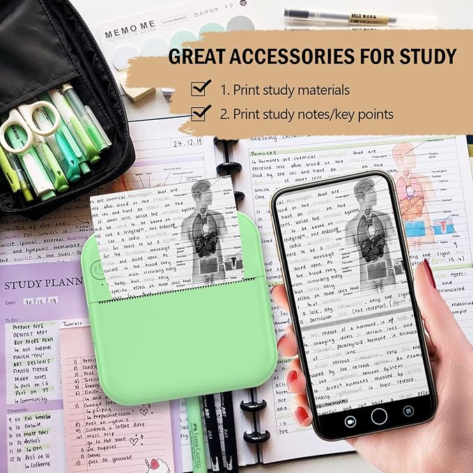 Mini Photo Printer - Portable Pocket Sticker Printers for iPhone Thermal Printer with 10 Rolls Thermal Paper for Photo, Memo, Journal - Green