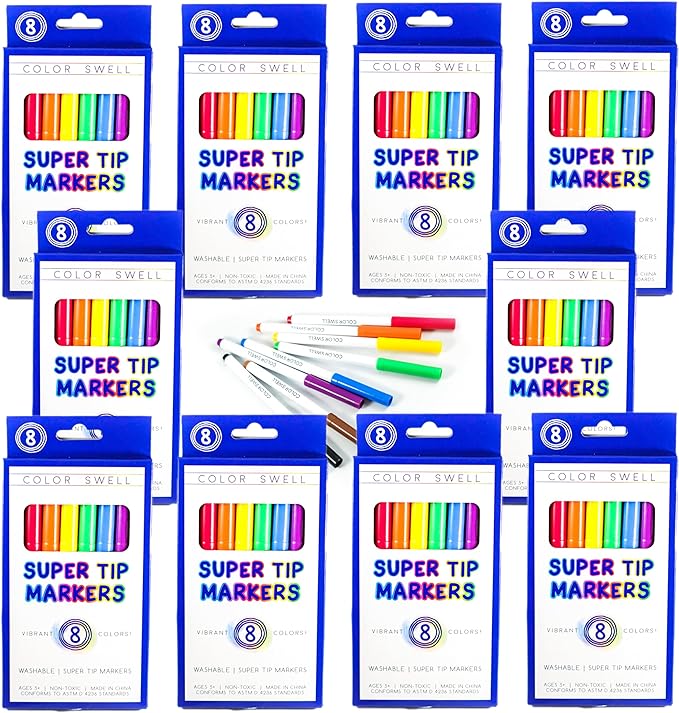 Color Swell Super Tip Washable Bulk Marers Pack 10 Boxes of 8 Vibrant Colors (80 Total)