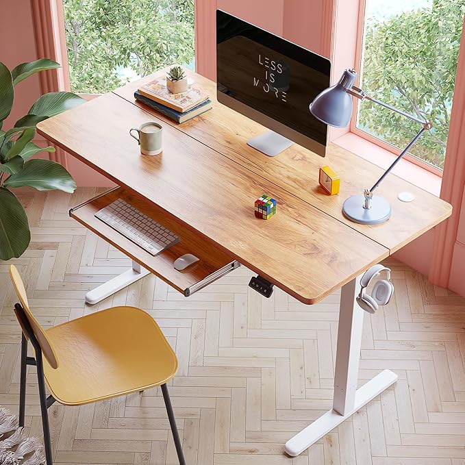 FEZIBO Standing Desk with Keyboard Tray, 55 x 24 Inch Adjustable Height Sit Stand Desk with Memory Presets for Home Office, Ergonomic Computer Workstation, Light Rustic