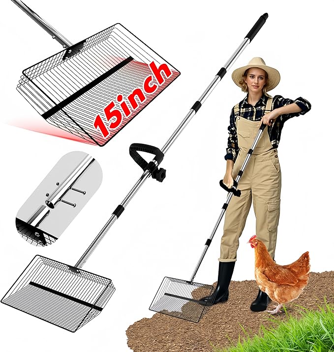 15inch Large Chicken Poop Scooper, 2 Slot Widths (0.16"&0.28"), 39" to 76" Adjustable Stainless Steel Handle, Sifting Litter Shovel for Chicken Coop/Stables/Farm Cleaning (with Effortless Grip)