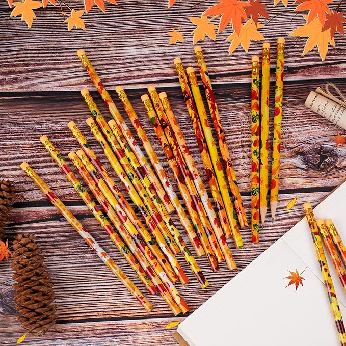 Kolewo4ever 100 Pieces Fall Pencils Thanksgiving Party Pencils Assortment Cylinder Wood Pencil Maple Leaf Autumn Turkey Pencil For Thanksgiving Pumpkin Autumn Gift,6 Styles