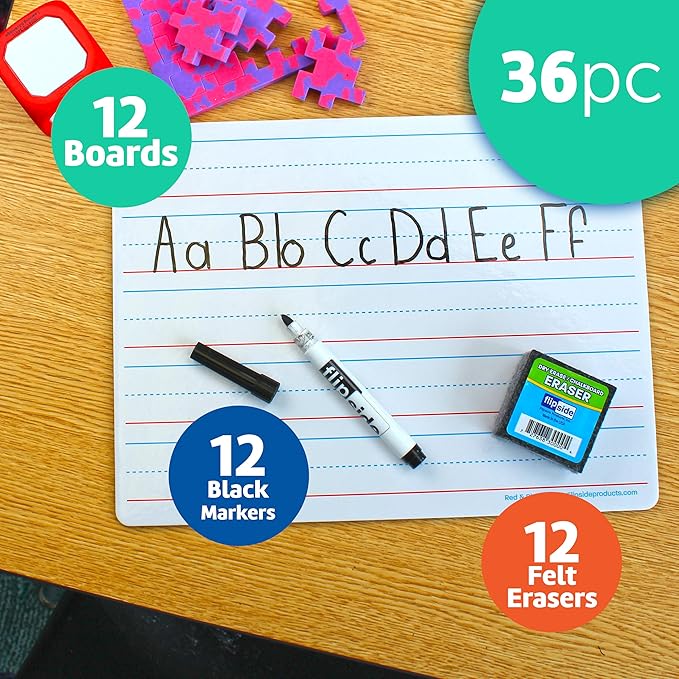 Flipside Products 9" x 12" Two Sided Dry Erase Red & Blue Lined, Black Markers and Erasers, Ruled, Learn to Write, Writing Practice, Pack of 12