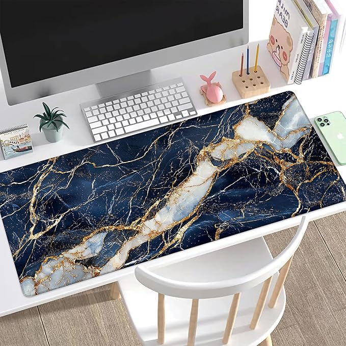 Desk Mat, Navy Blue and White Marble Texture Large Gaming Mouse Pad with Non-Slip Base Stitched Edges,Desk pad for Keyboard and Mouse Home Office 35.4"x15.7"