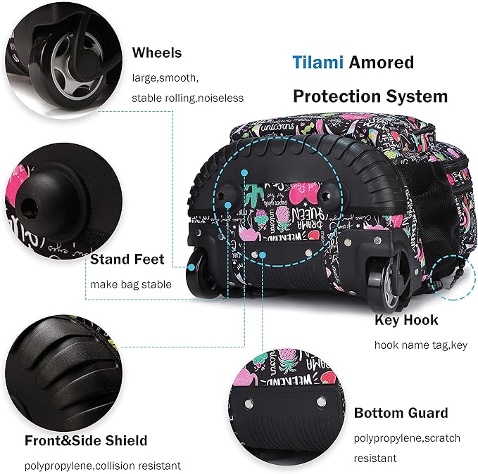 Tilami Rolling Backpack 19 inch with Lunch Bag Wheeled Laptop Backpack, Ins