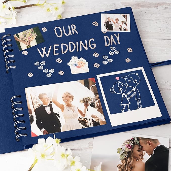 Bstorify 10 x 10 Inches Scrapbook Album 70 Pages Blue Thick Kraft Paper Corner Protectors, Ribbon Closure - Ideal for Your Scrapbooking, Art & Craft Projects (Blue, 10 x 10 Inch)