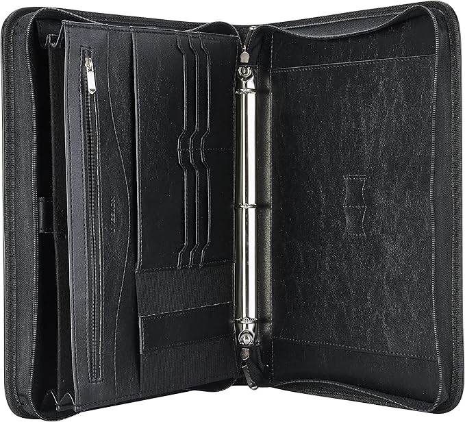 IVESIGN Zippered Padfolio Binder, Faux Leather Organizer with 3-Ring Binder, Left-Handed Design, Business Card Slots & Document Folders - Professional Padfolio for Office (Black)