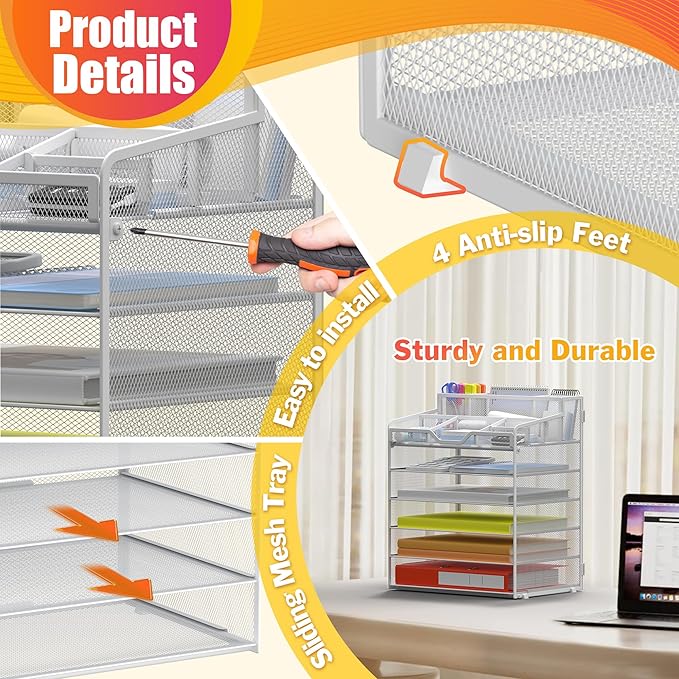 Docnest 6 Tier Mesh Desk Organizer for Paper Office Supplies – Multi-Functional Letter Tray with 5 Adjustable Compartments, 3 Pen Holders, Desktop Storage for Files, Mail, Stationery – White