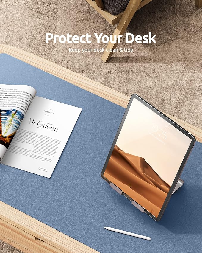 YSAGi Leather Desk Protector, Office Mat, Large Mouse Mat, Non-Slip PU Leather Blotter, Laptop Desk Pad, Waterproof Writing Pad for Office and Home (Blue, 35.4" x 17")