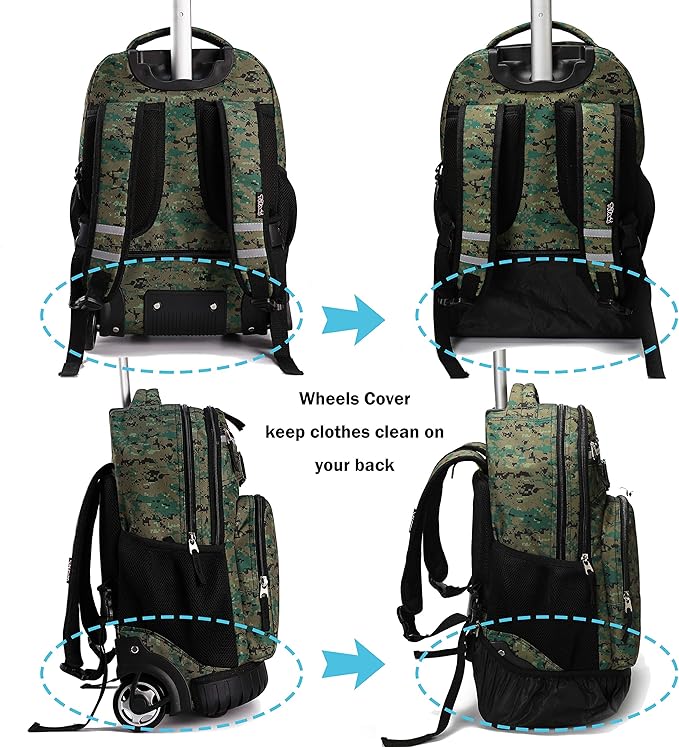 Tilami Rolling Backpack 19 inch with Lunch Bag Wheeled Laptop Backpack, Camouflage