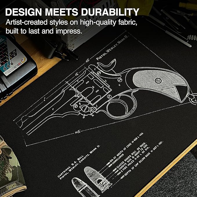 MPCO. Blueprints Large Gaming Desk Pad - 36" x 17" Duraglyde Fabric Pistol Webly Mark IV – Black Desk Mats - Non-Slip, Washable, Smooth Glide for Precision Gaming & Work