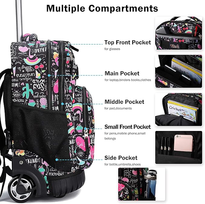 Tilami Rolling Backpack 19 inch with Lunch Bag Wheeled Laptop Backpack, Ins