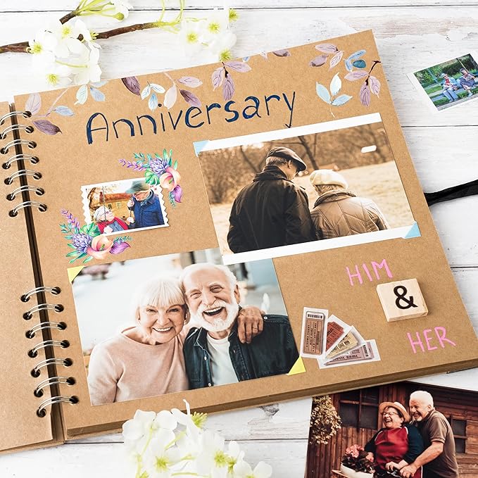 Bstorify 10 x 10 Inches Scrapbook Album For 4 x 6, 8 x 10 Pictures, 70 Pages Brown Thick 200gsm Kraft Paper Corner Protectors, Ribbon Closure - Ideal for Your Scrapbooking, Art & Craft Projects